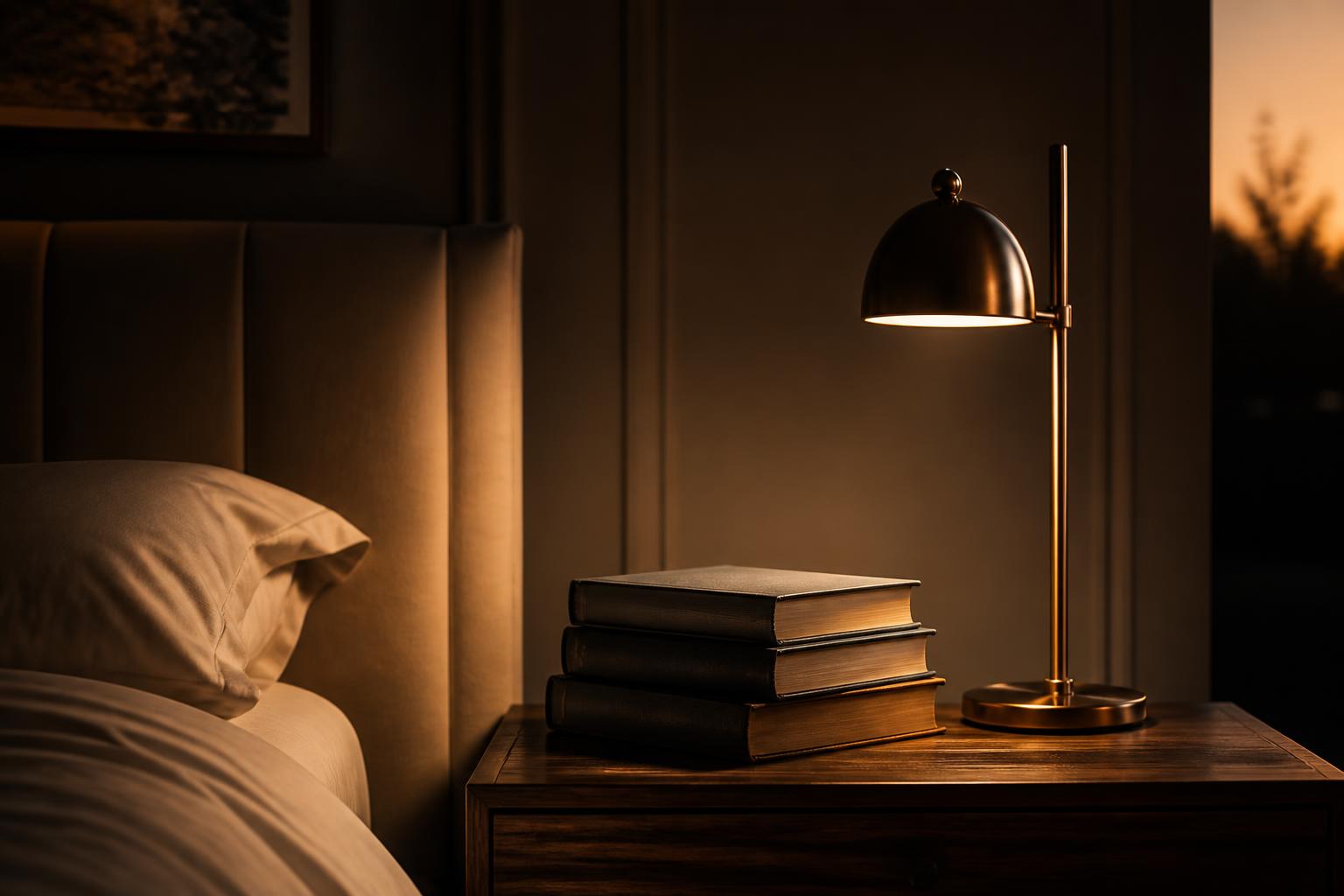 Bedside lamp and stack of books at dusk